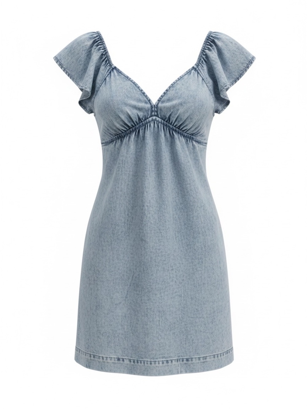 Blueb. Collection Light Denim-Effect V-Neck Flutter‎ Sleeve Chemise Dress